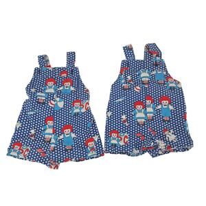 Vintage 70s Raggedy Anne Doll Print Overall Bib Shortalls Baby Girl Twins 18 mo